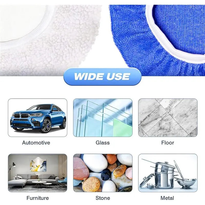 A set of 15 polishing pads including microfiber and wool bonnets for automotive, glass, floor, furniture, stone, and metal cl
