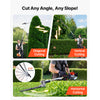 A 4-in-1 gas-powered hedge trimmer demonstrating diagonal, vertical, and horizontal cutting angles.