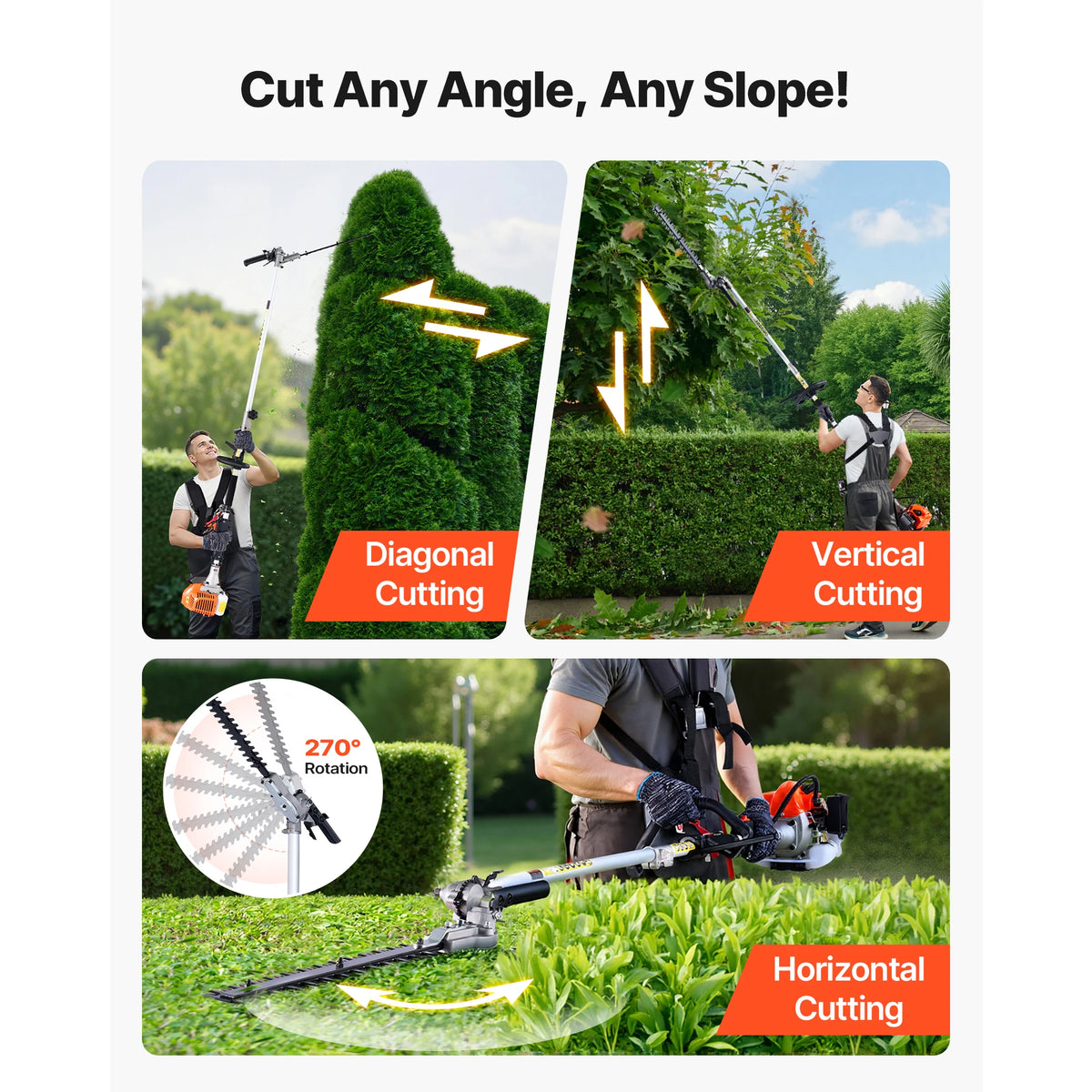 A 4-in-1 gas-powered hedge trimmer demonstrating diagonal, vertical, and horizontal cutting angles.