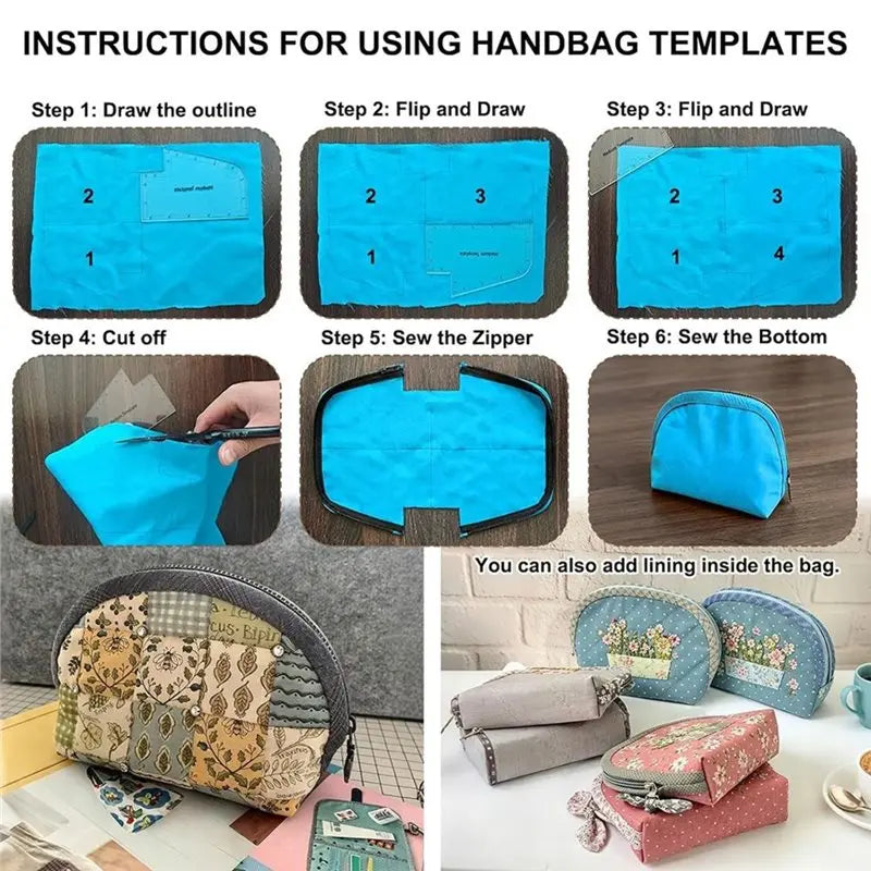 Instructions for using handbag templates showing steps for cutting, folding, and sewing a bag