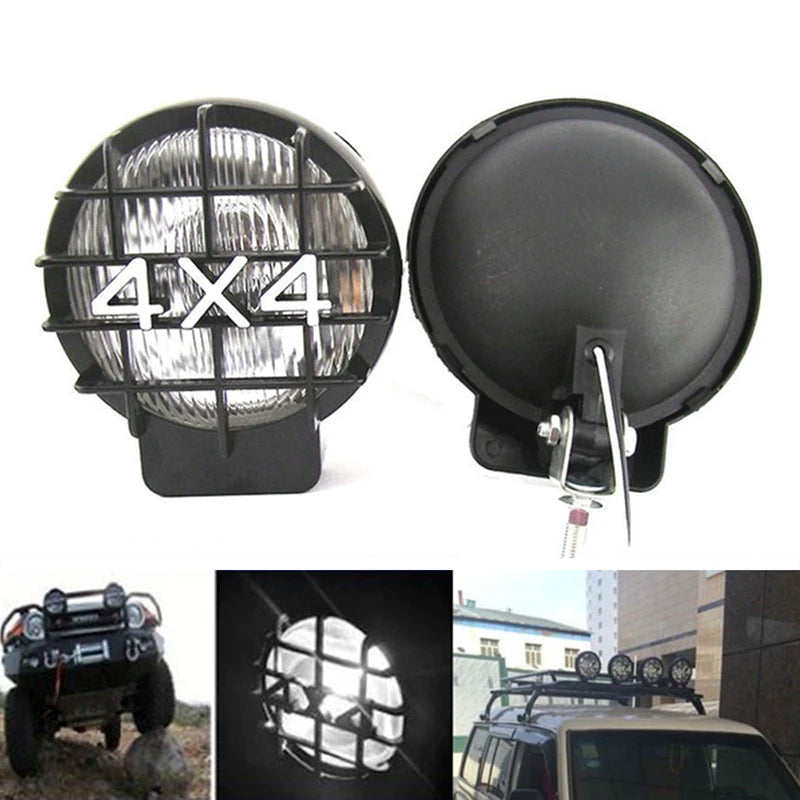 A pair of 4x4 round LED-Halogen fog lights for trucks and SUVs, shown in various contexts.