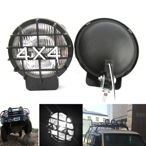 A pair of 4x4 round LED-Halogen fog lights for trucks and SUVs, shown in various contexts.