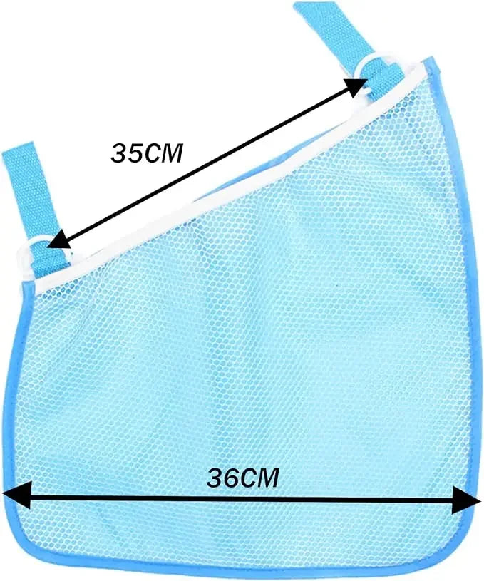 Light blue mesh organizer for strollers featuring adjustable straps and a large capacity design.