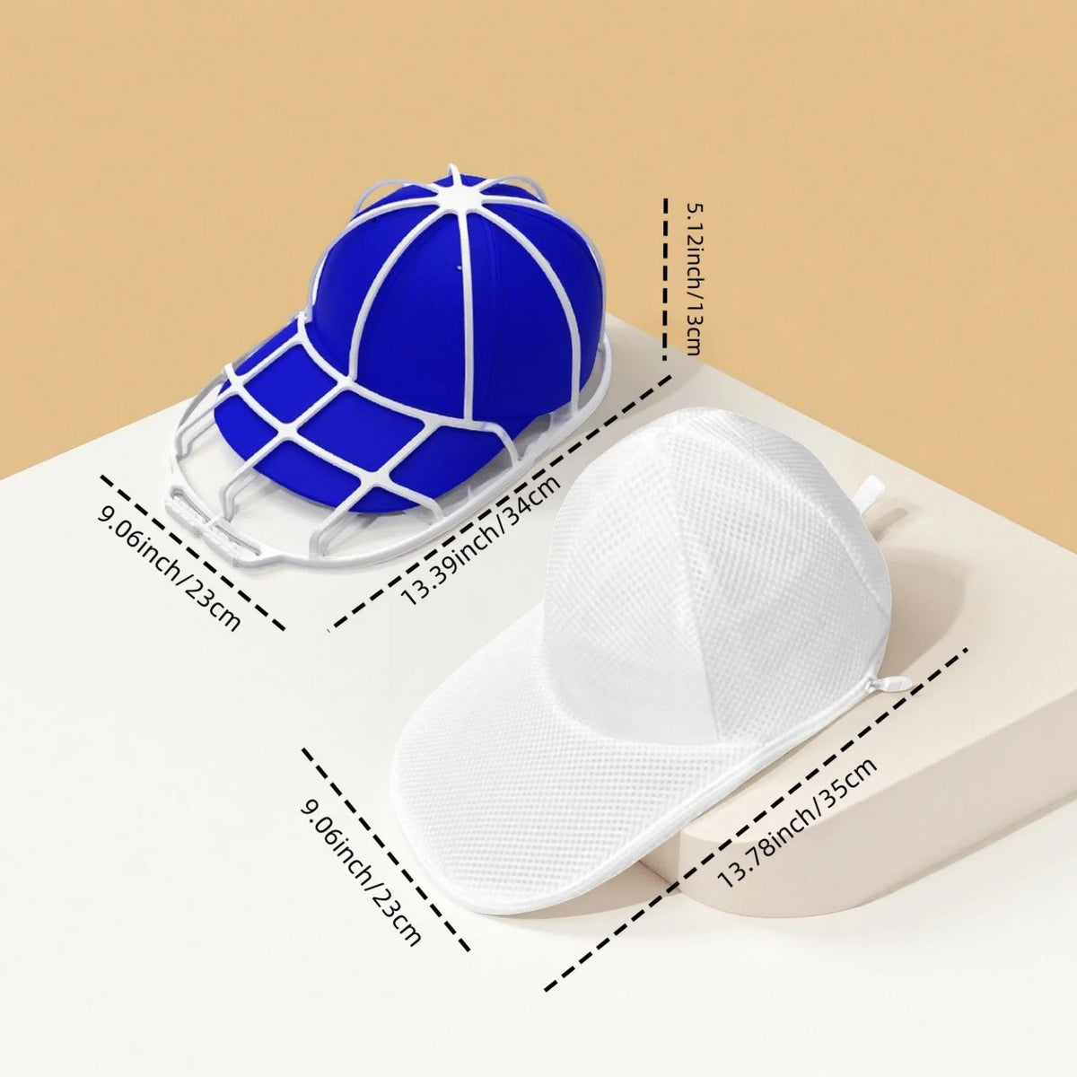 Blue mesh hat cleaning cage with a white mesh bag shown on a light surface.