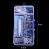 A clear plastic kit containing various tools and components for repairing glasses, including nose pads, screws, and precision