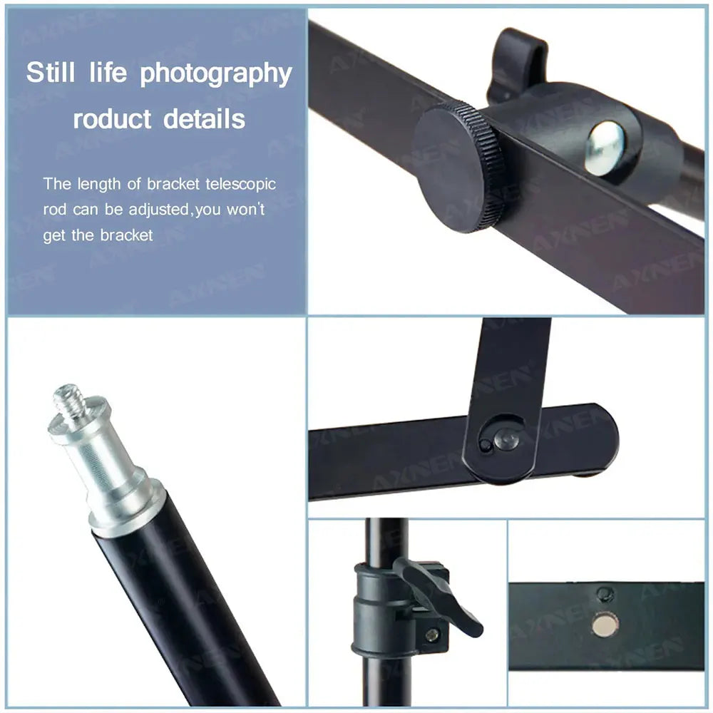 Details of a still life photography bracket and telescoping rod for a foldable overhead tripod.
