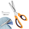 Pair of orange and blue professional pinking shears with stainless steel blades shown next to a fabric swatch.