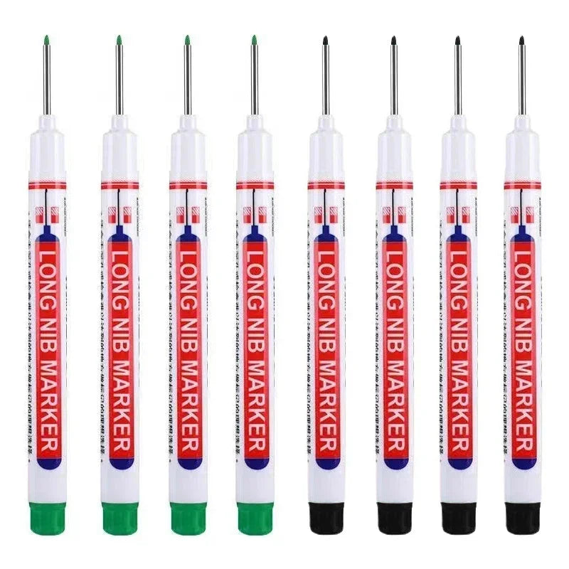 Eight long nib markers for deep holes used in metal and woodworking