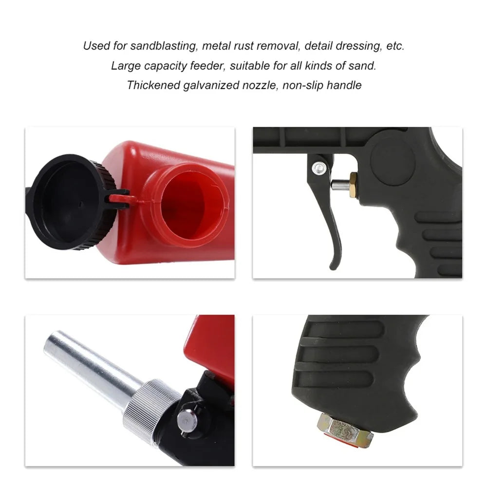 Handheld pneumatic sandblasting gun with a red hopper and black components.