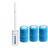 A white wall-mounted disposable toilet brush set with multiple blue refill heads.