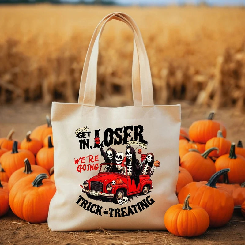 Halloween Canvas Tote Bag with 'Get in Losers' Print