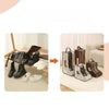 A set of tall boots in various colors and styles are displayed alongside storage bags with transparent windows.