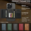 A magnetic wallet phone case with card slots shown in five colors, featuring PU leather material and ring fasteners.