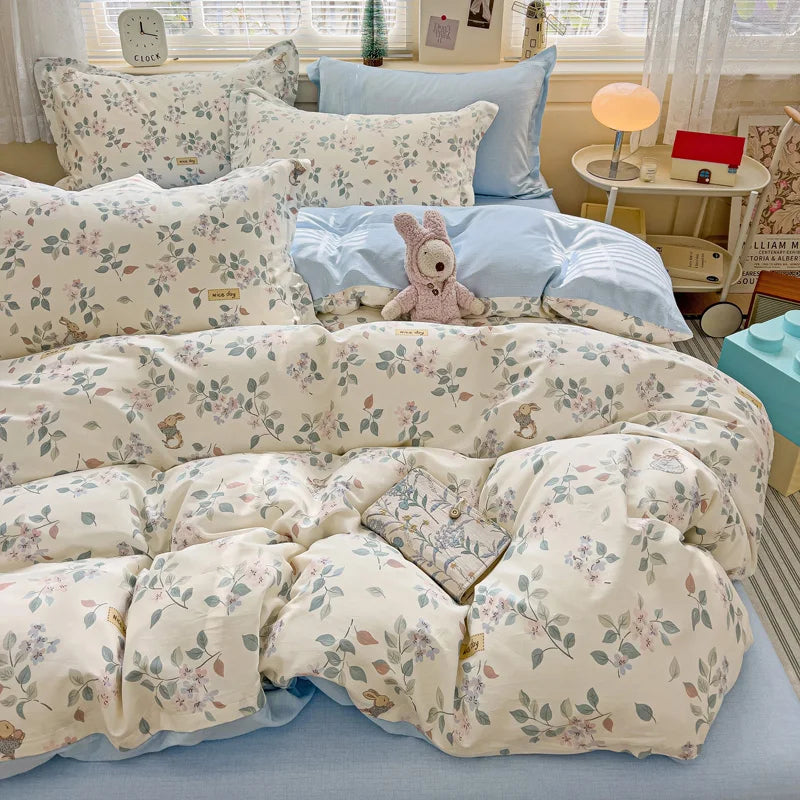 Floral Print 100% Cotton Duvet Cover Set with Two Pillow Shams