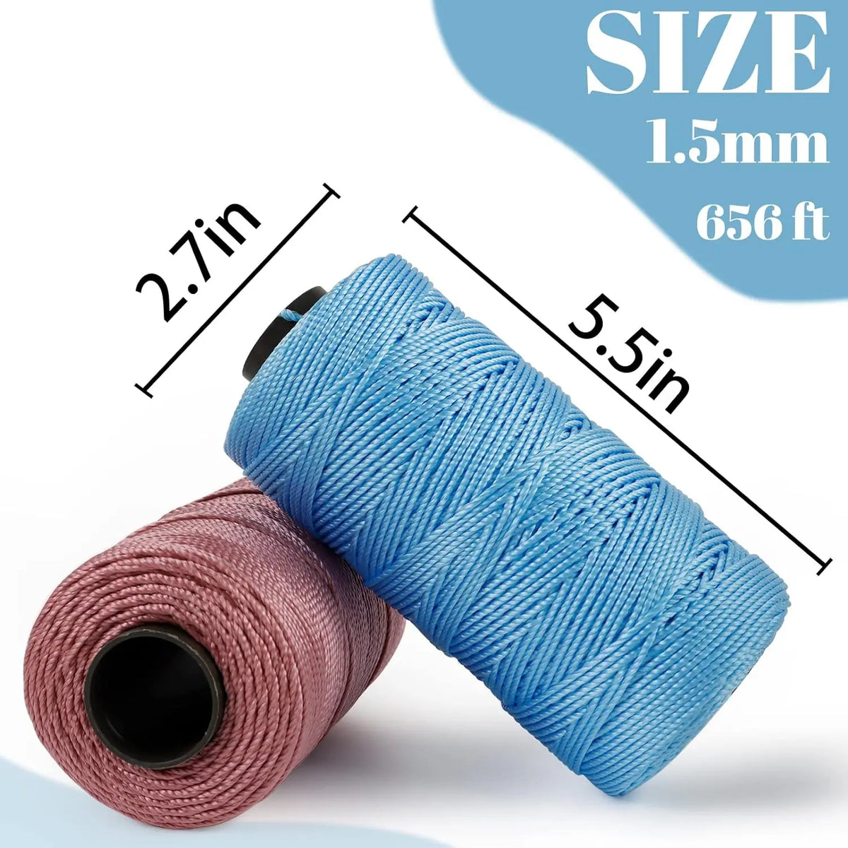 A spool of light blue ice silk crochet yarn measuring 2.7 inches in length and 5.5 inches in diameter.