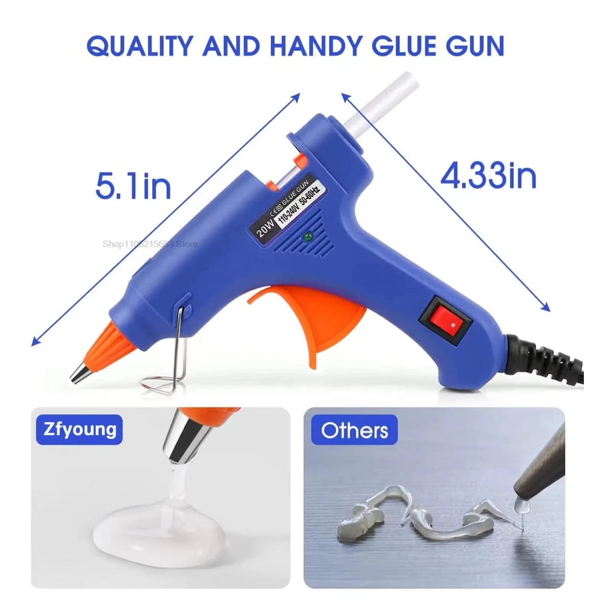 Blue hot melt glue gun with a stand and glue sticks shown in a close-up view