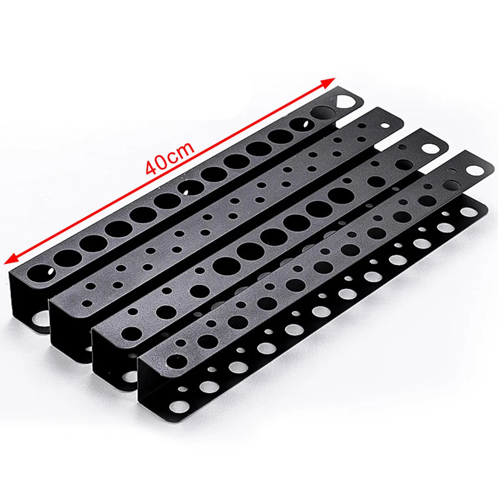 Black heavy-duty wall mounted tool storage rack with multiple rows of circular holes