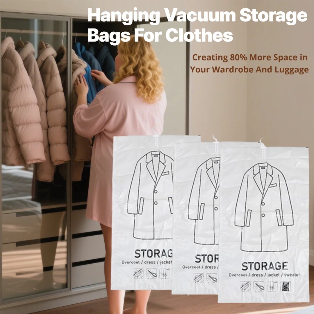 A woman hangs clothes in a closet, demonstrating vacuum storage bags for clothing.