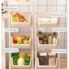 A white mobile multi-tier storage cart with wheels displaying various compartments for storing bottles, fruits, vegetables, a
