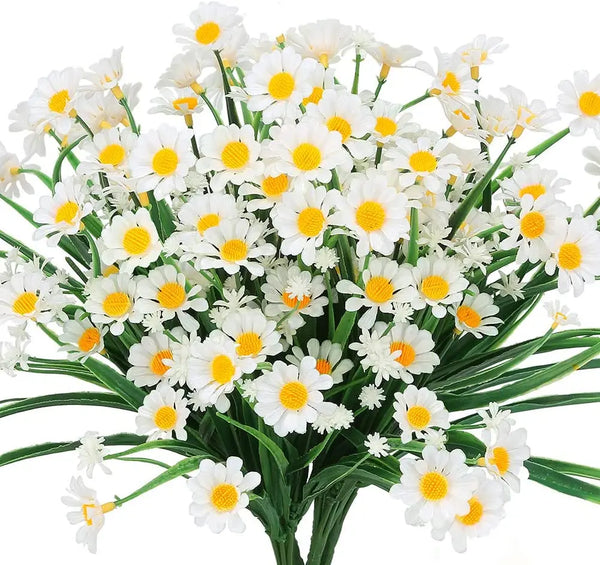 A bouquet of white and yellow artificial daisies for indoor and outdoor decoration.