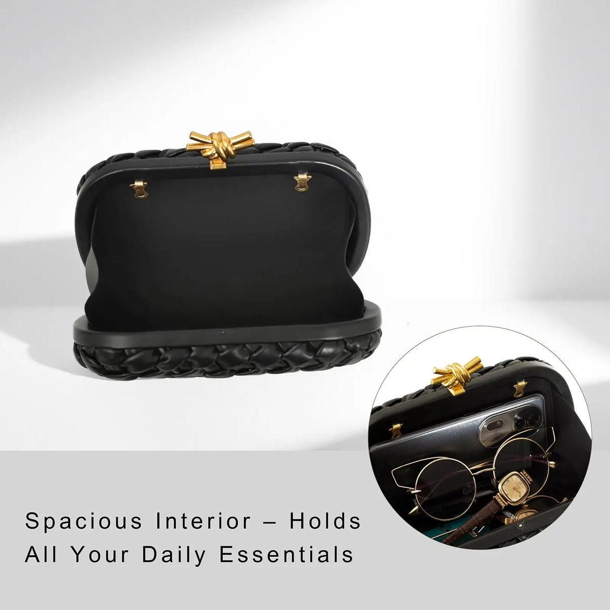 Black handwoven clutch bag with a gold chain strap shown in an open view.
