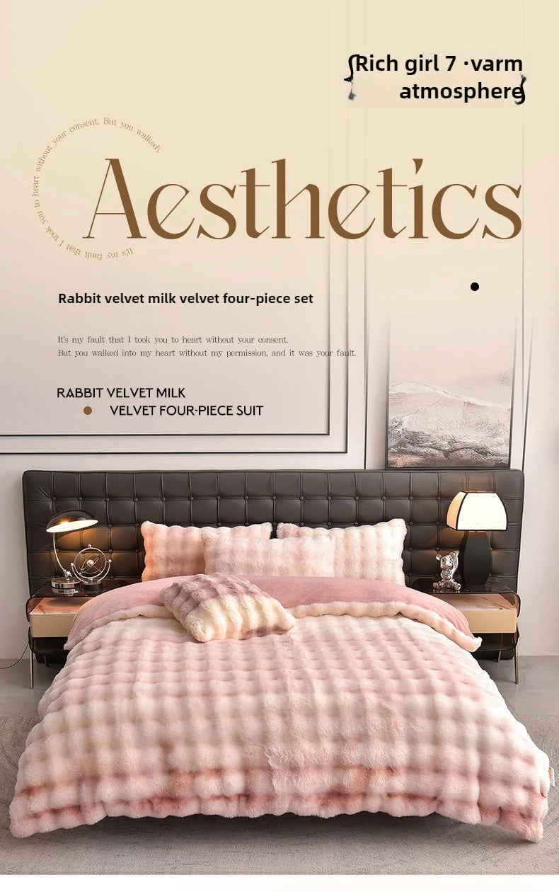 A pink rabbit velvet milk duvet set featuring a four-piece suit and fluffy texture.
