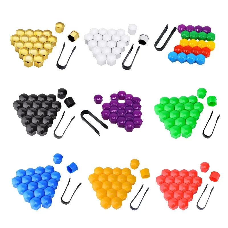 A set of 20 plastic car wheel nut cap covers in various colors including gold, white, black, purple, green, blue, and orange.
