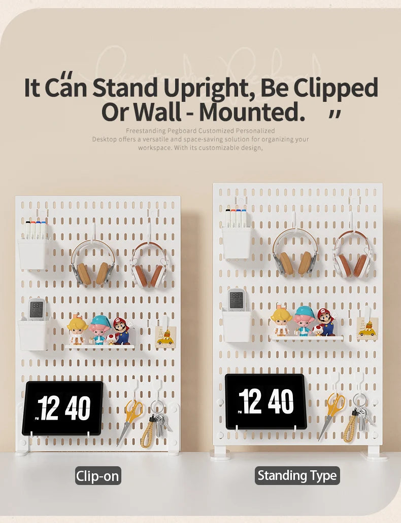 A white desktop pegboard organizer with shelves and hooks for organizing workspace tools