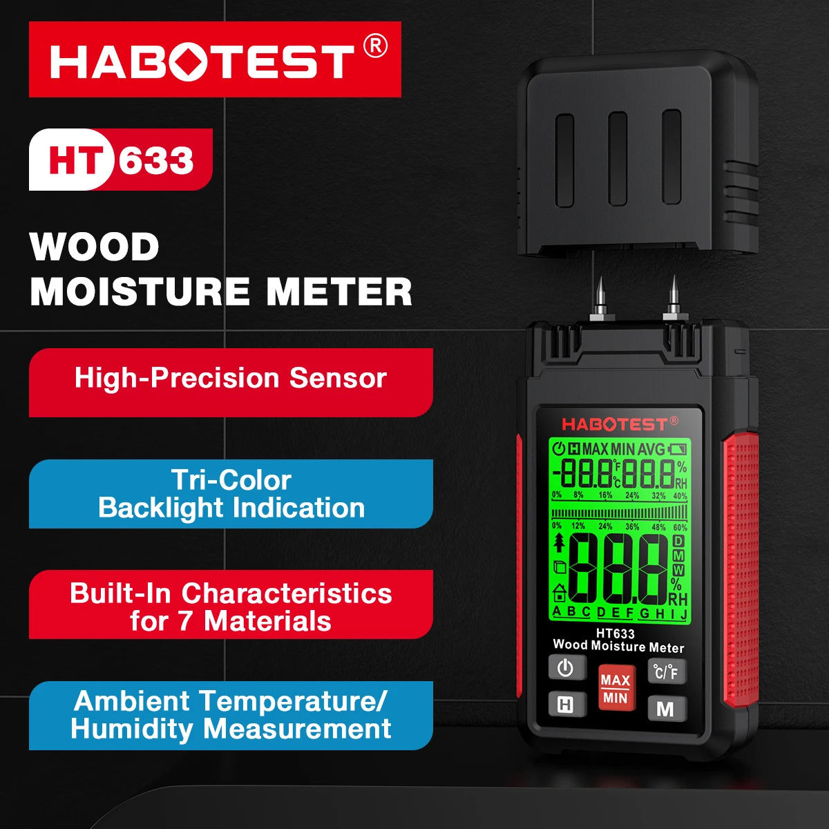 A black digital wood moisture meter labeled HBOTEST HT633 with a green display and red accents.
