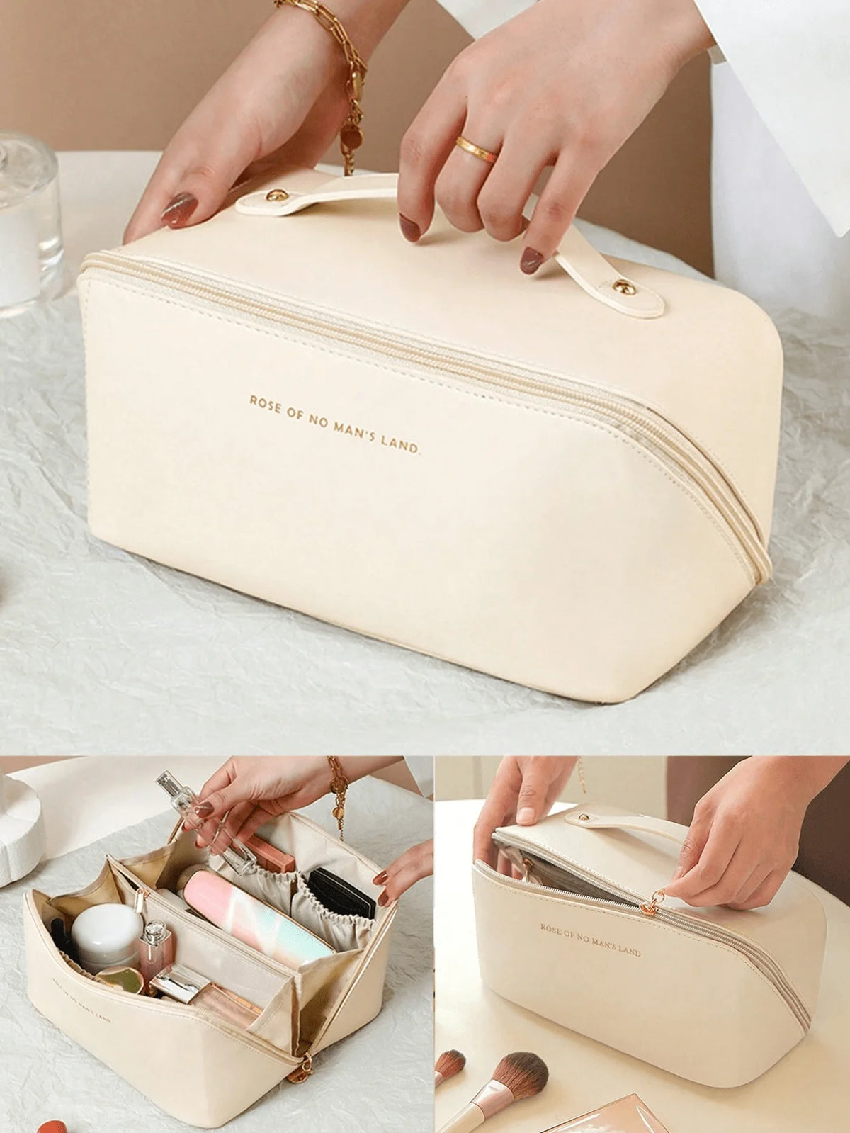 A beige leather travel makeup organizer bag is shown being held by a hand, with an open version visible nearby.
