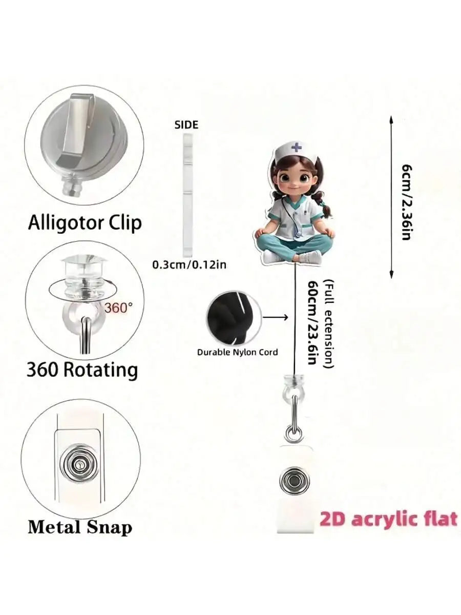 Nurse-themed retractable badge holder with an alligator clip and metal snap feature