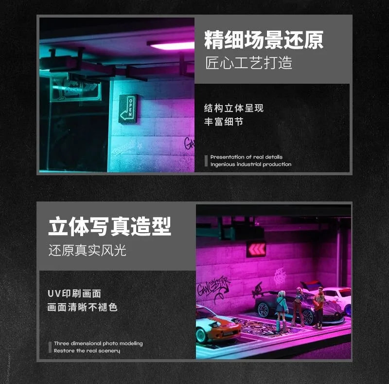 A detailed photo of a 1:64 scale miniature garage diorama kit featuring realistic lighting and paint details.