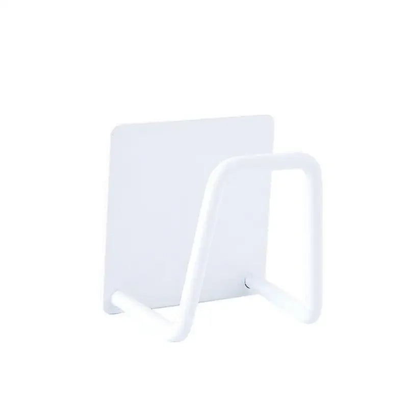 A white stainless steel wall-mounted sponge holder with a drain.