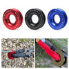 Three recovery rings in red, black, and blue for winch use with soft shackles