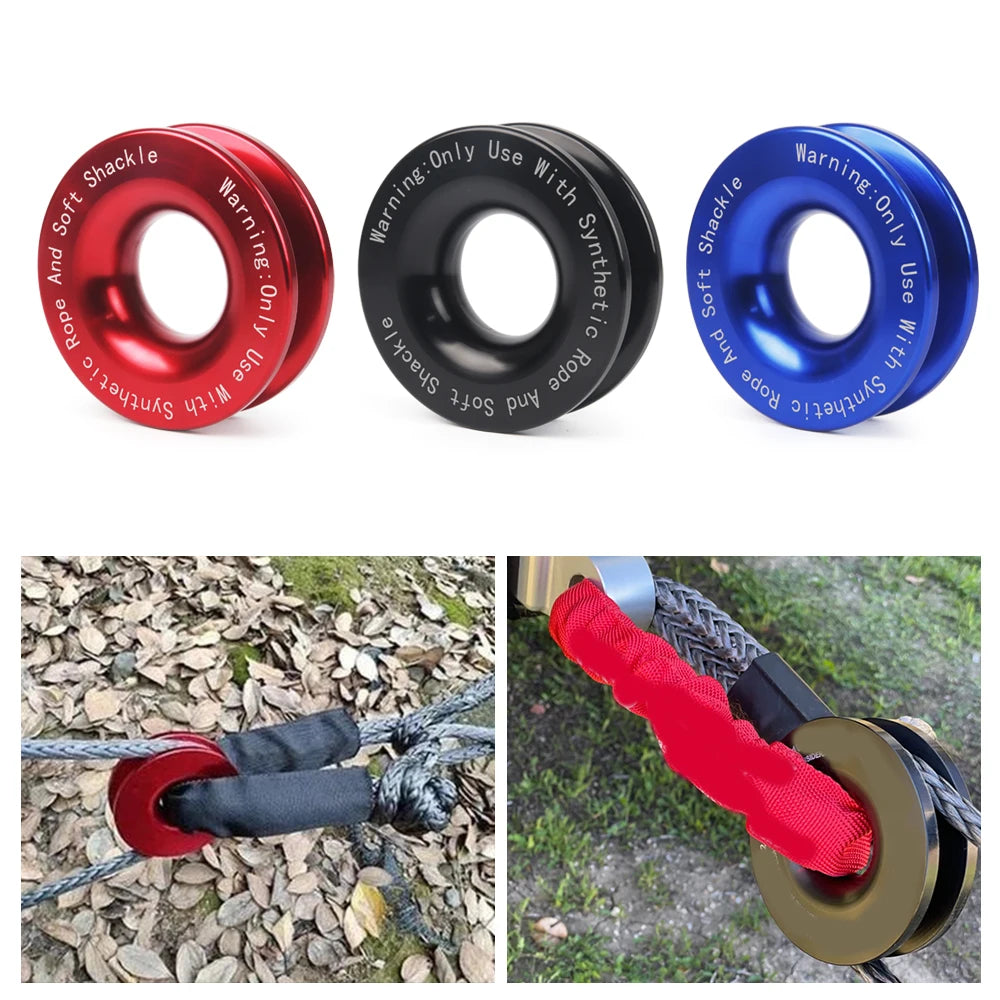 Three recovery rings in red, black, and blue for winch use with soft shackles