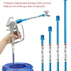 A hand holds an airless sprayers extension rod with a blue hose and multiple extension rods.