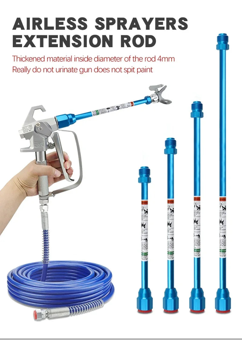 A hand holds an airless sprayers extension rod with a blue hose and multiple extension rods.