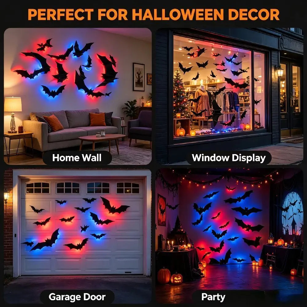 Halloween decor featuring glow-in-the-dark bat wall stickers with LED lights displayed on a home wall, window, and garage doo