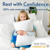 A smiling young girl is resting comfortably with a white pillow, surrounded by bedding and text promoting safe materials.