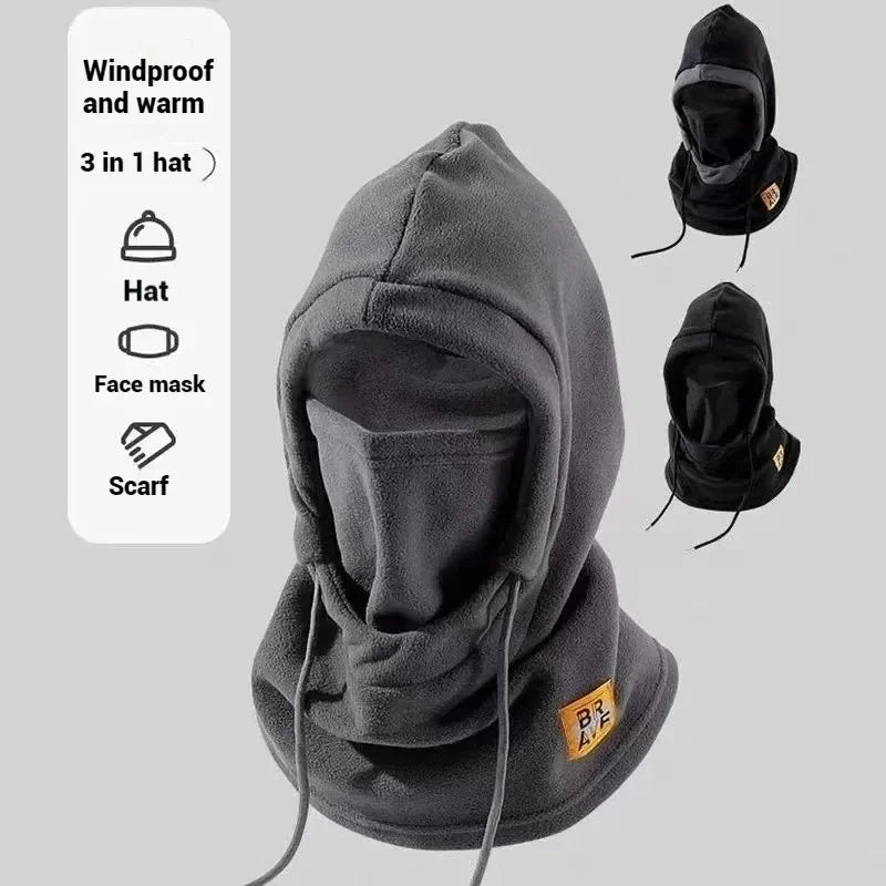 Gray 3-in-1 winter balaclava featuring a hat, face mask, and neck warmer shown in various forms.