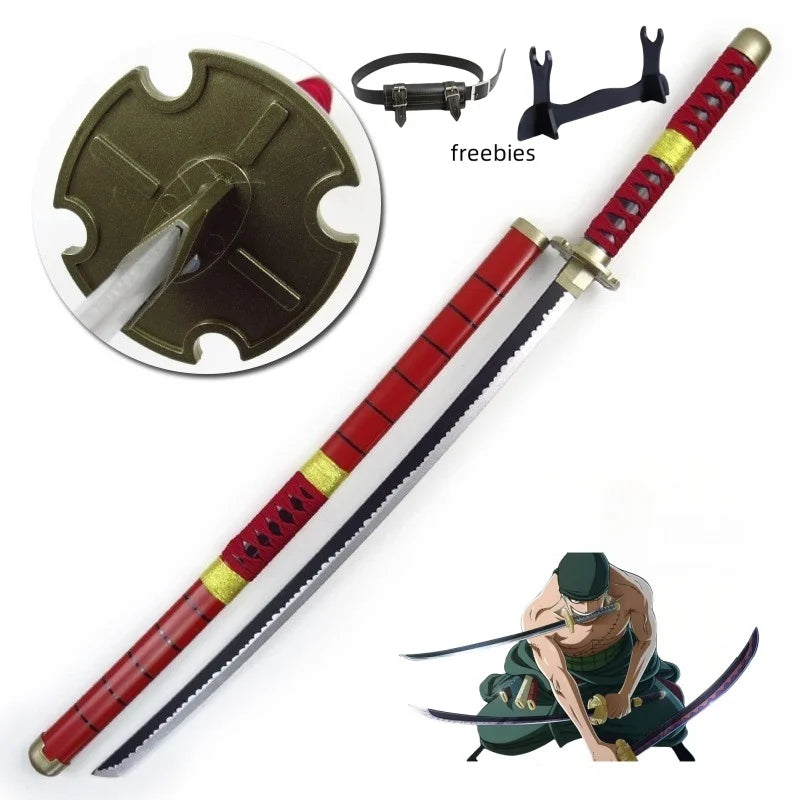 A 41-inch katana cosplay sword with a red handle, silver blade, and black scabbard, shown alongside freebies.