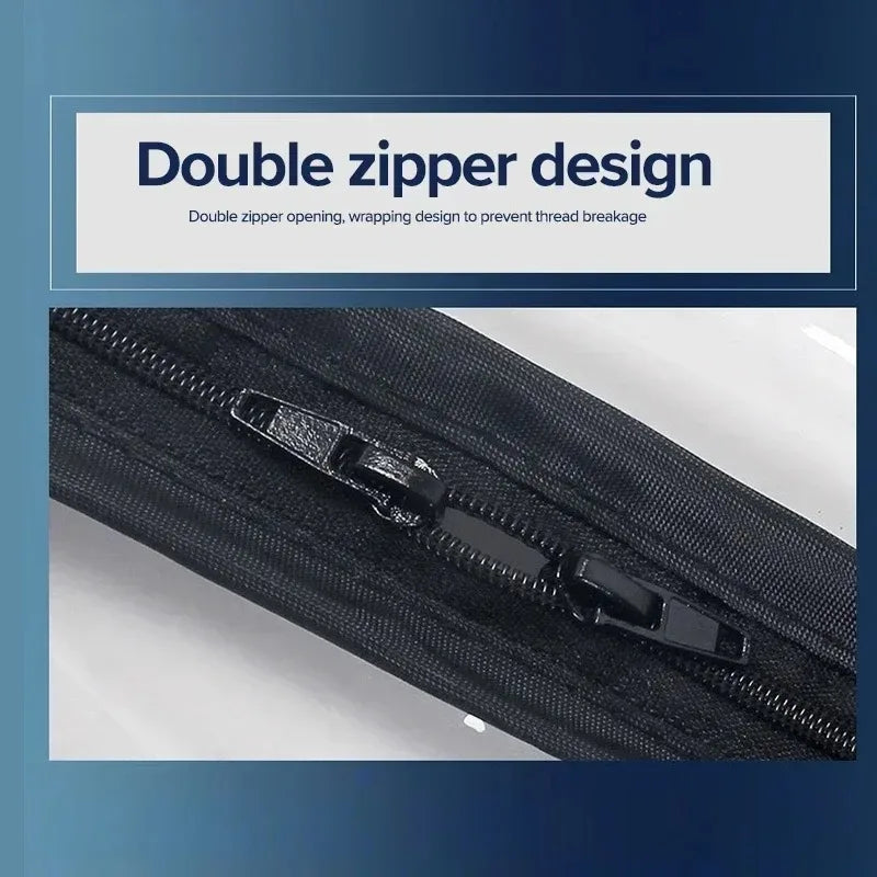 Close-up of a black zipper on a waterproof stroller rain cover featuring a double zipper design.