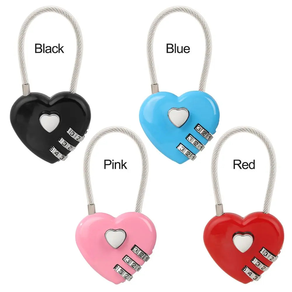 A set of heart-shaped 3-digit combination padlocks in black, blue, pink, and red.