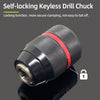 A close-up view of a self-locking keyless drill chuck with a black and silver finish.