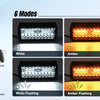 A display showing six modes of operation for an LED strobe light wiring harness kit including White, Amber, and flashing opti