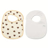 A pair of baby cotton gauze bibs with a patterned front and a solid white backing.