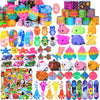 A variety pack of colorful party favor fidget toys including pop-its, squishy toys, and sensory items for kids