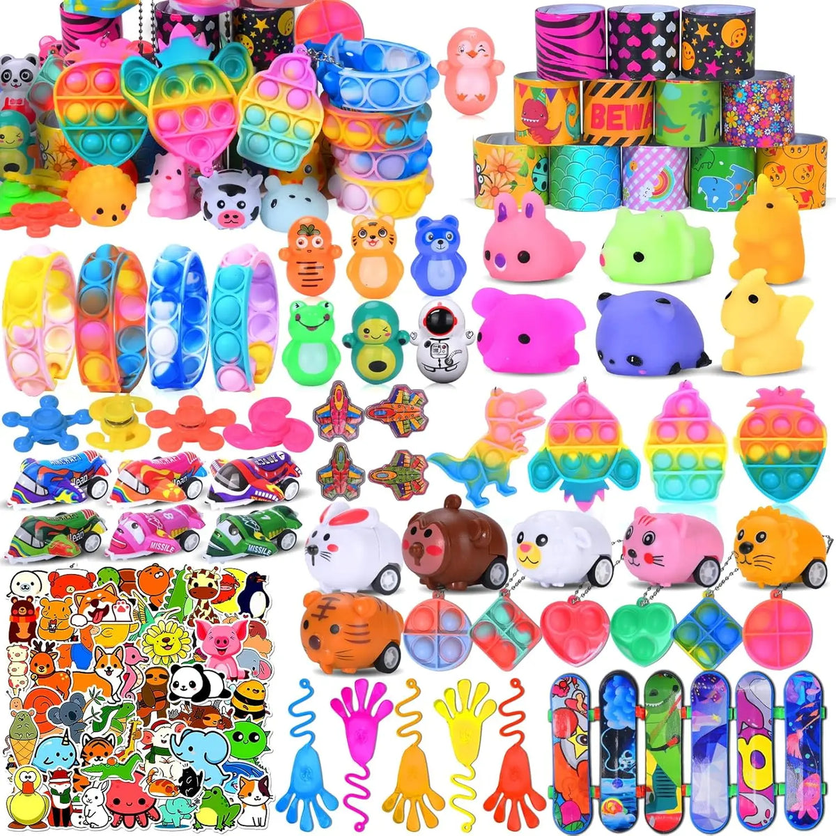 A variety pack of colorful party favor fidget toys including pop-its, squishy toys, and sensory items for kids