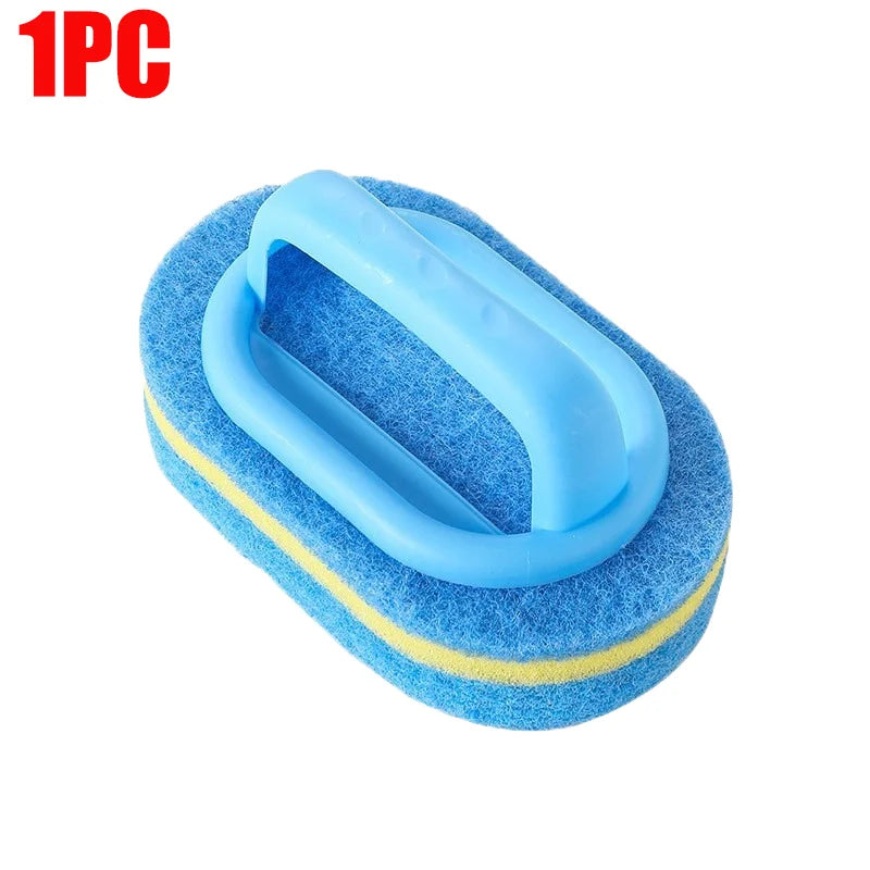 A blue sponge cleaning brush with a handle is shown on a blue towel.