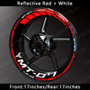 Reflective red and white decals for an MT-07 motorcycle wheel rim.